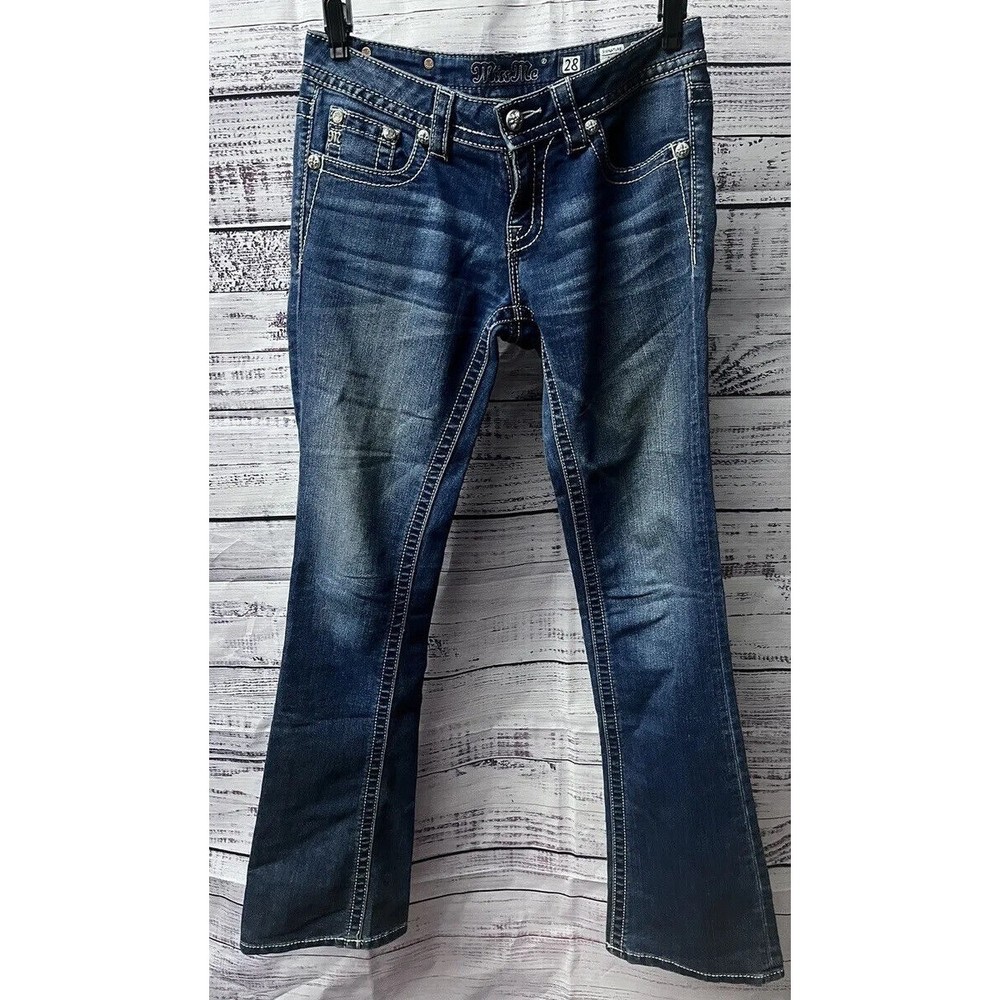Miss Me Signature Boot Size 28 Denim Blue Jeans Low Rise Pocket Medium Wash